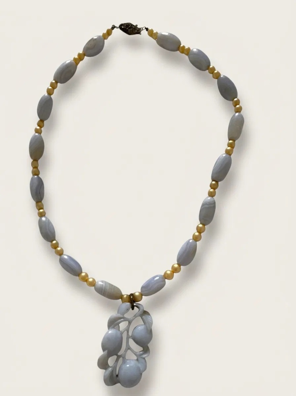 Vintage Blue Lace Agate & Carved Jade Grape Pendant Necklace Gold Accents